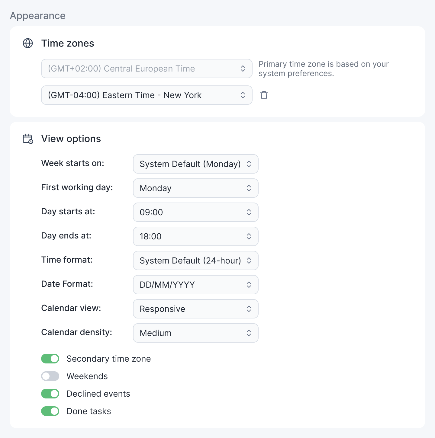 Settings Appearance page with time zones, view options including Calendar view and Calendar density, and the calendar toggles
