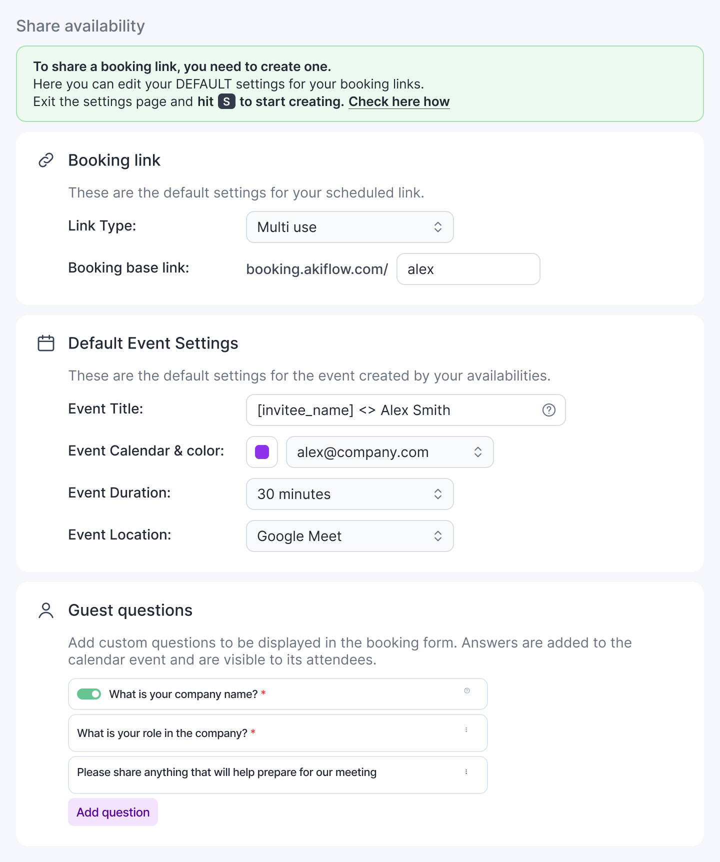 Share availability settings with Booking link, Default Event Settings and Guest questions
