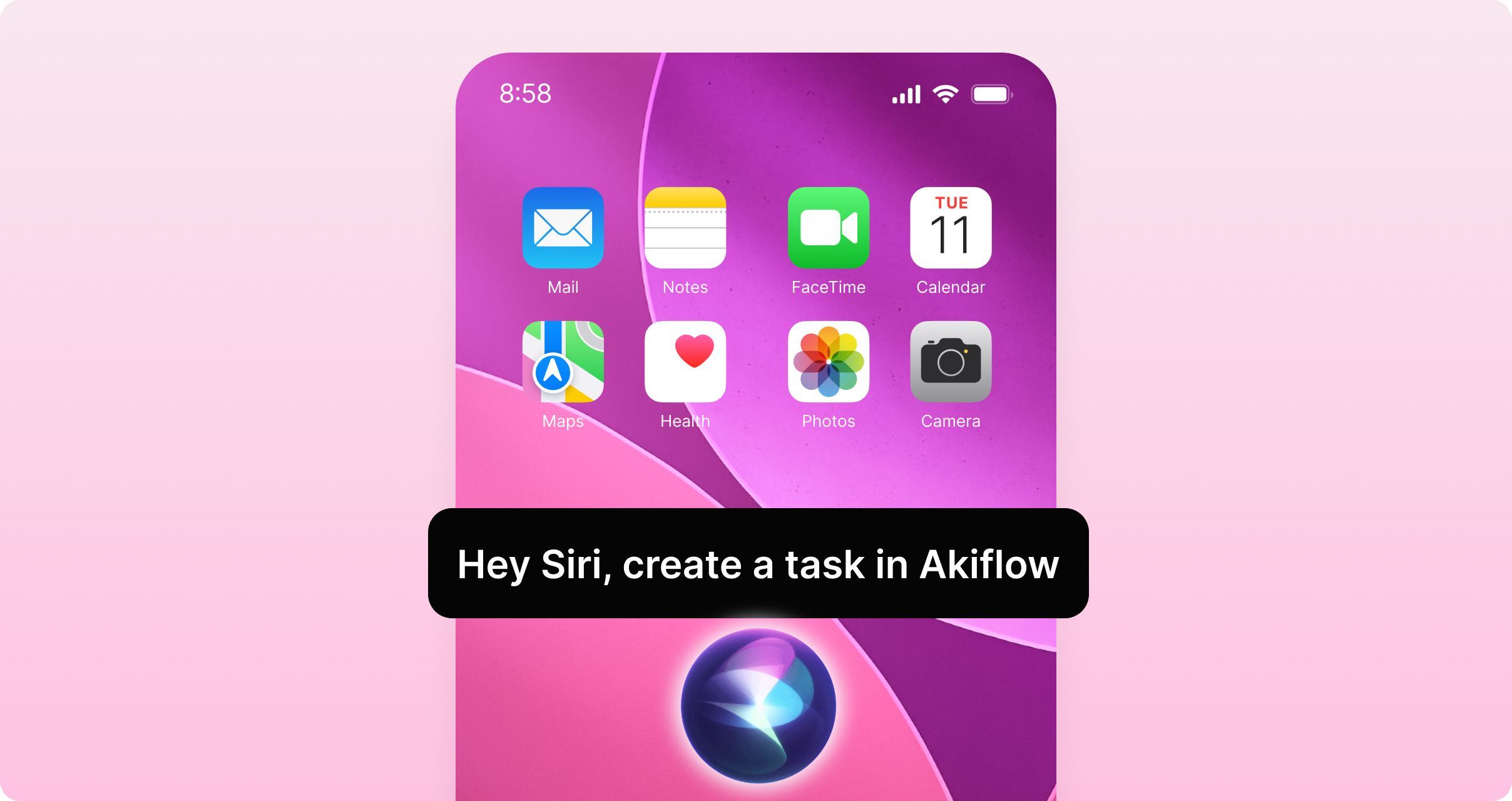 Siri on an iPhone home screen with the request Hey Siri, create a task in Akiflow