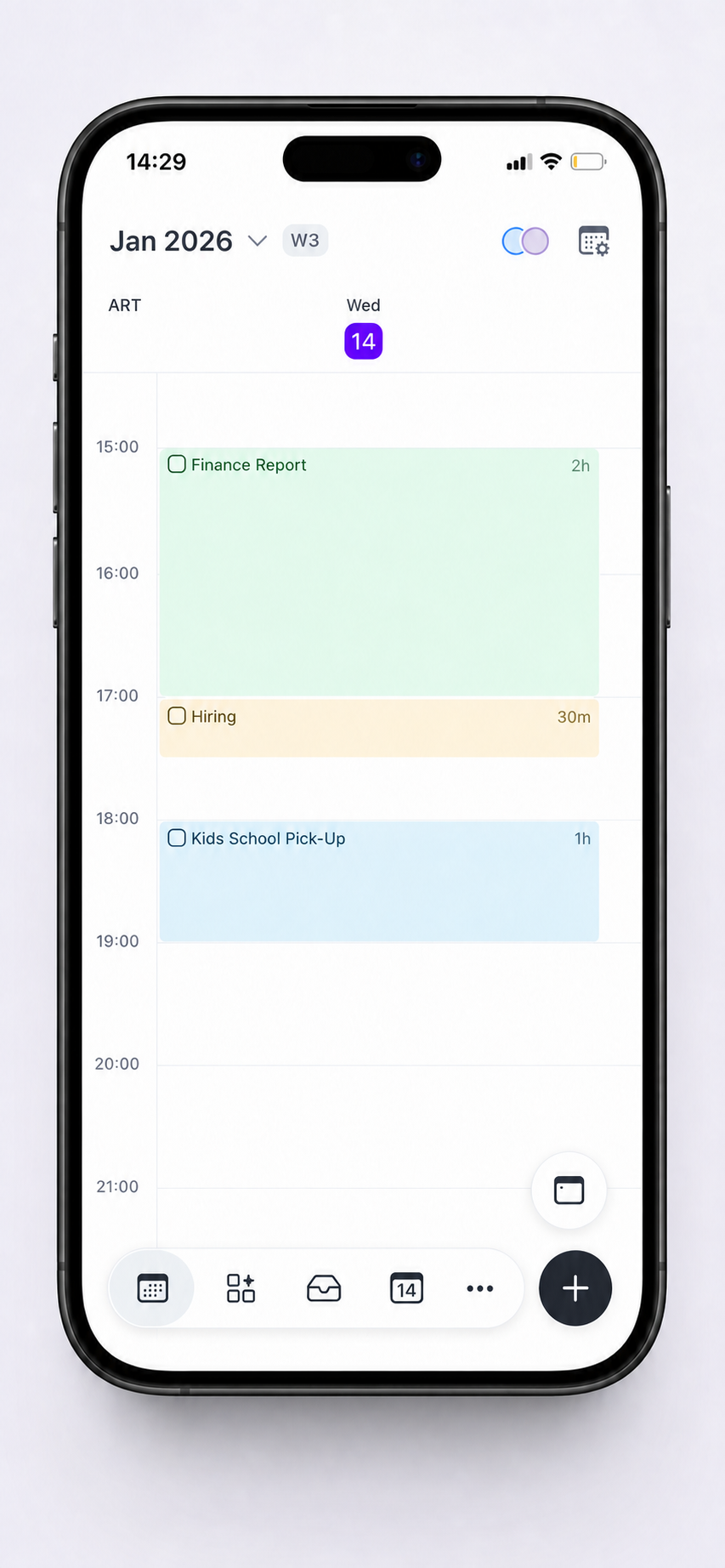 Akiflow mobile calendar in 1-day view, with the bottom bar and the + button