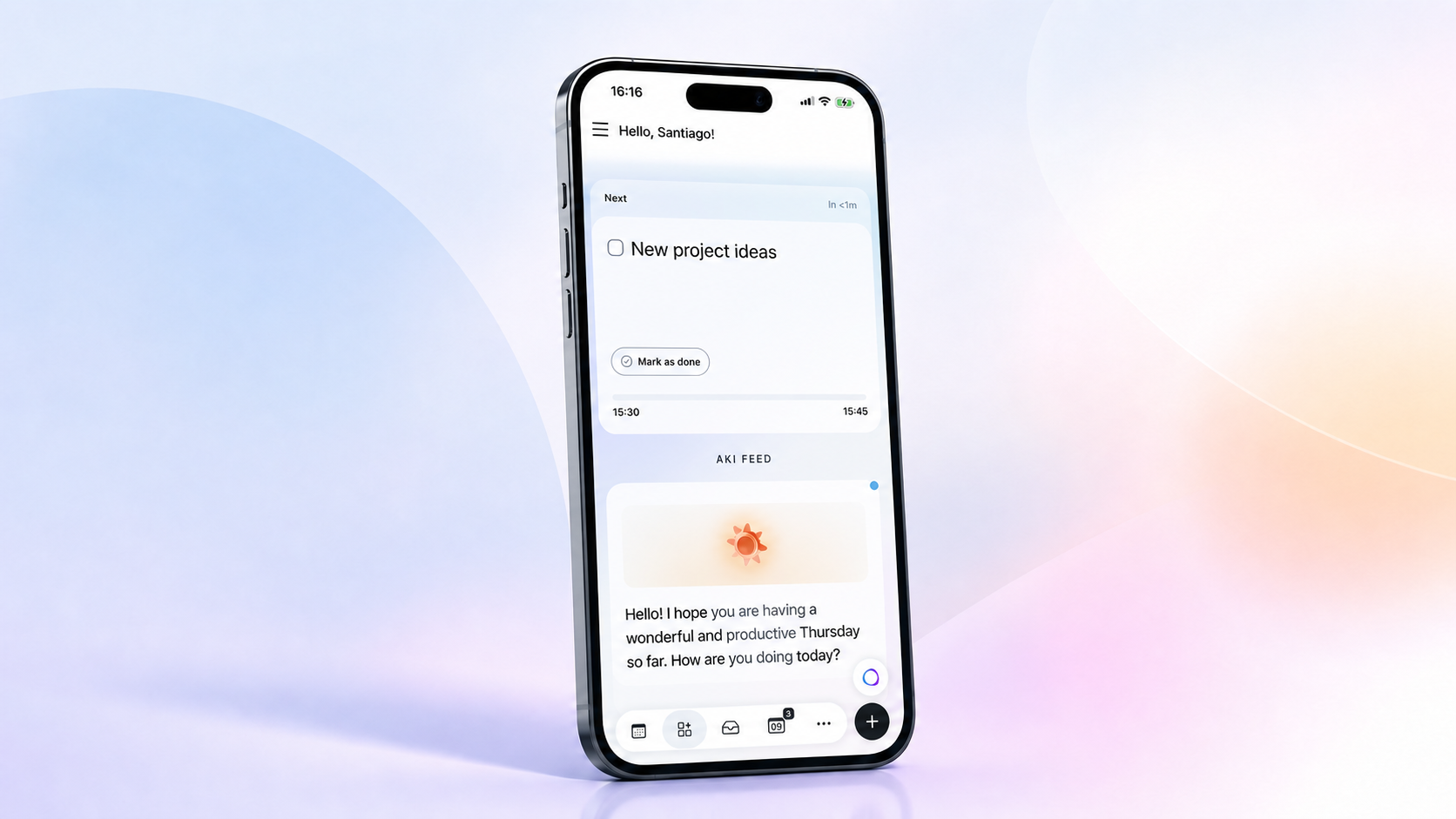 Daily Dashboard in the Akiflow mobile app, with the next task and the Aki Feed