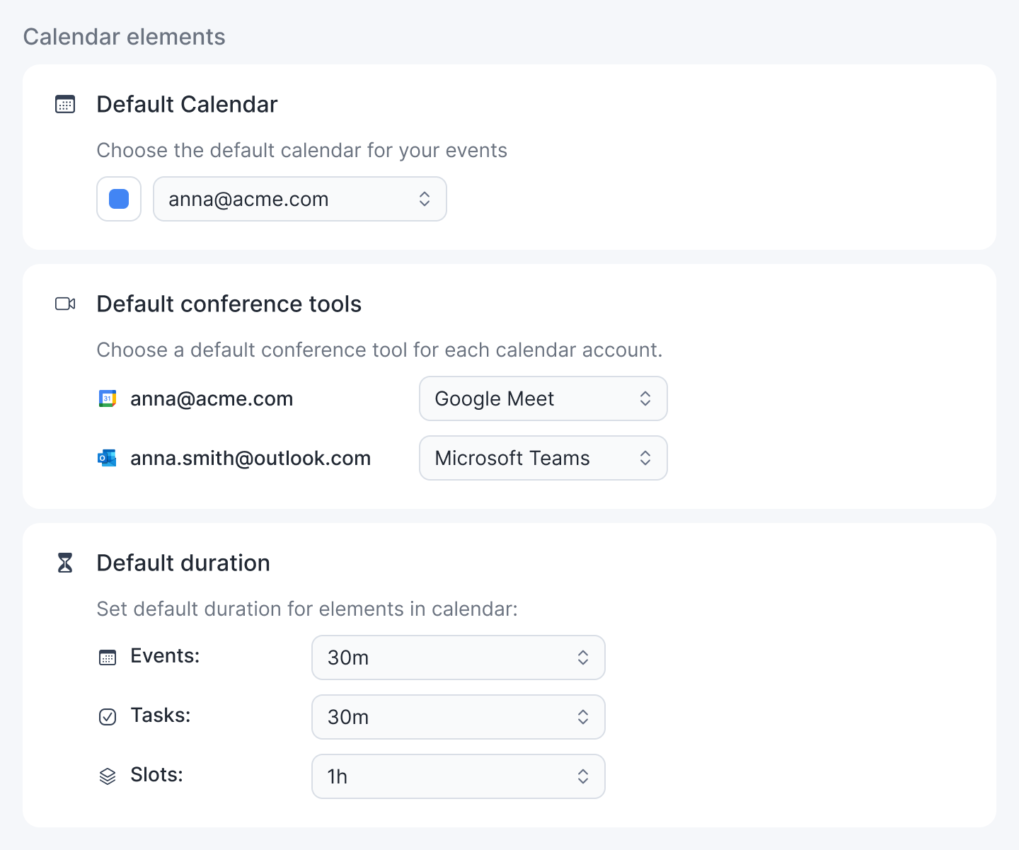 Settings, Tasks, Events, Slots: default calendar, a default conference tool for each calendar account, and default durations.