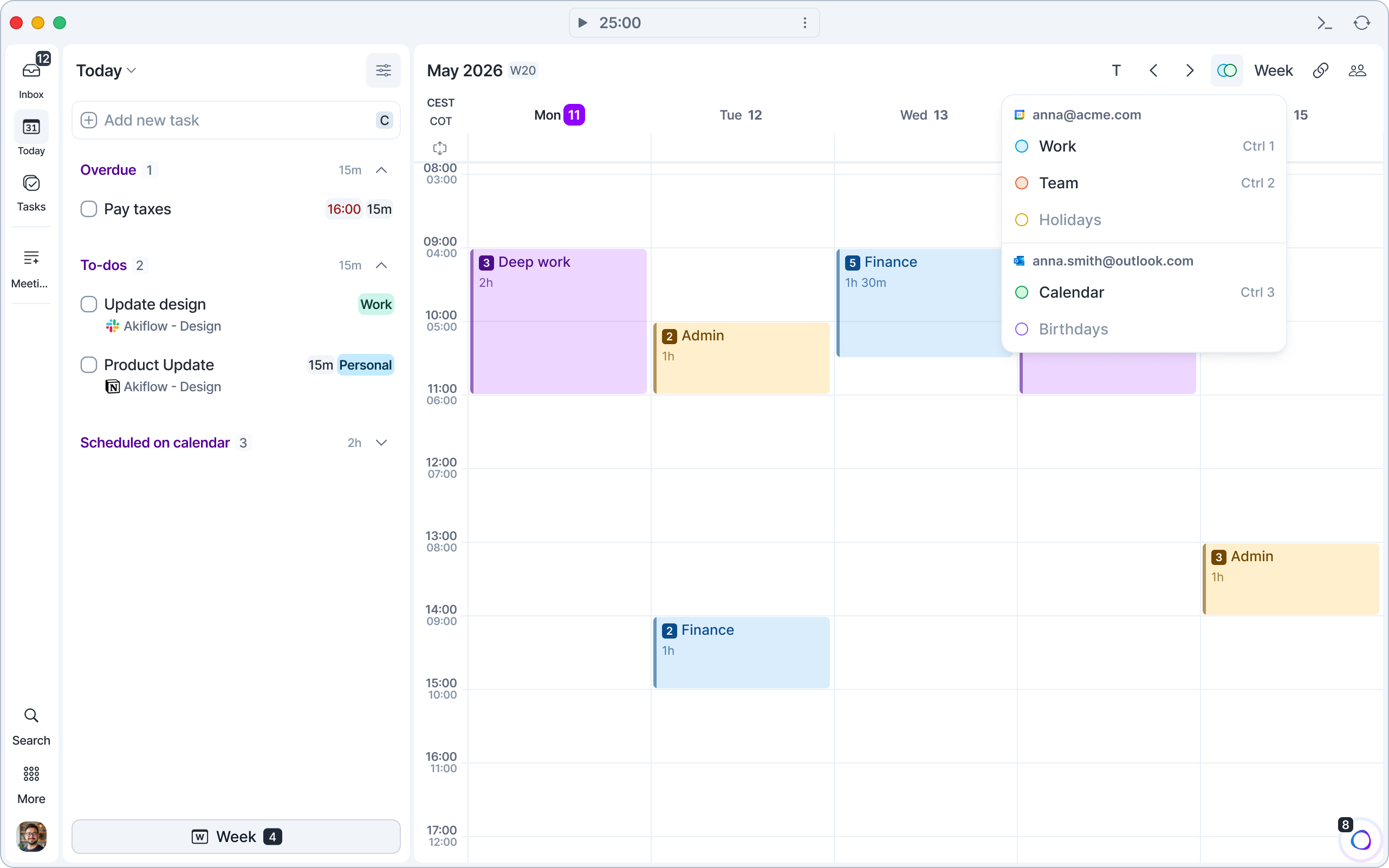 The Calendar Visibility list open in the calendar header, with Google and Outlook calendars and their shortcuts.