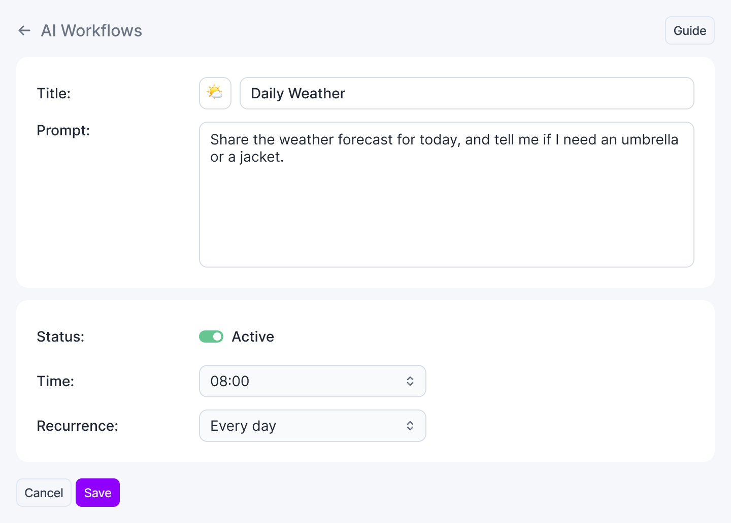 The AI Workflows editor with Title, Prompt, Status, Time and Recurrence fields, and the Cancel and Save buttons