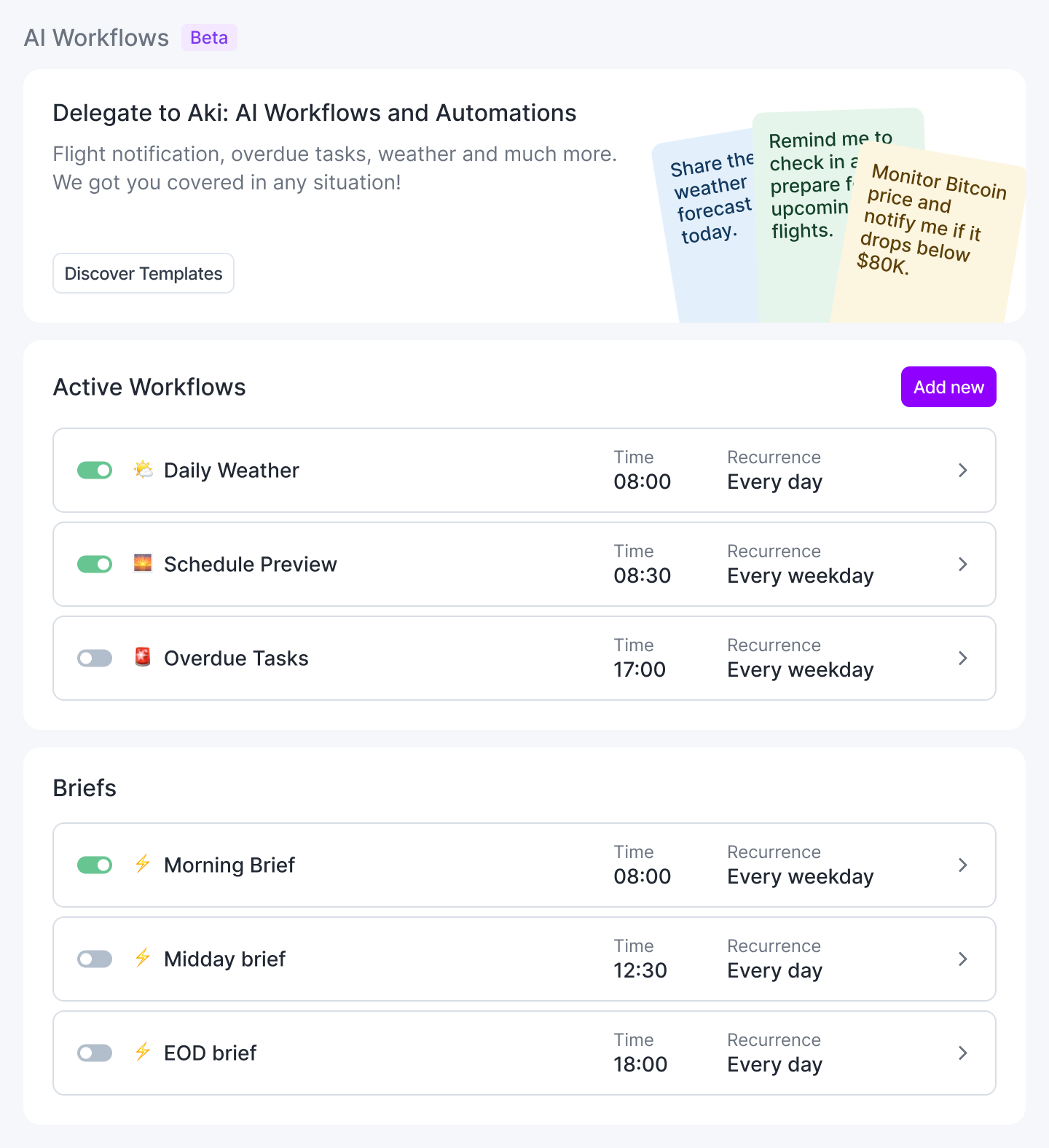 The AI Workflows page in Settings, with the Discover Templates button and the Active Workflows list showing a workflow's toggle, time and recurrence
