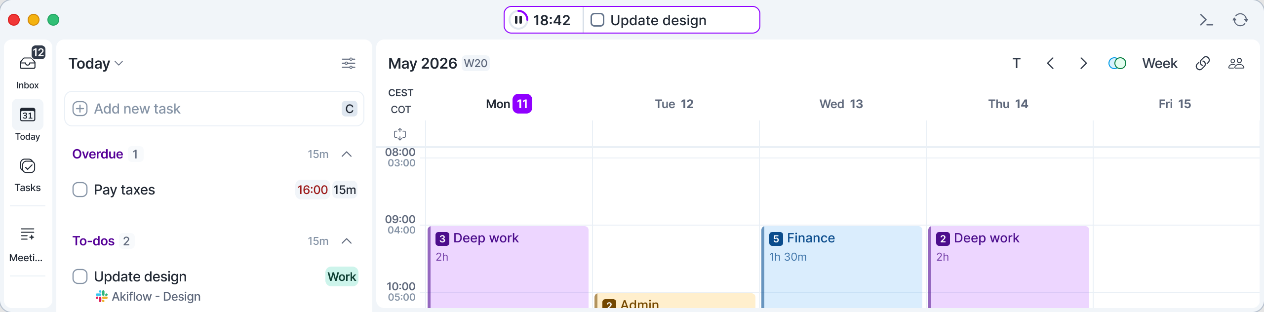 Focus Timer running in the center of the Akiflow top bar, showing the time left and the current task
