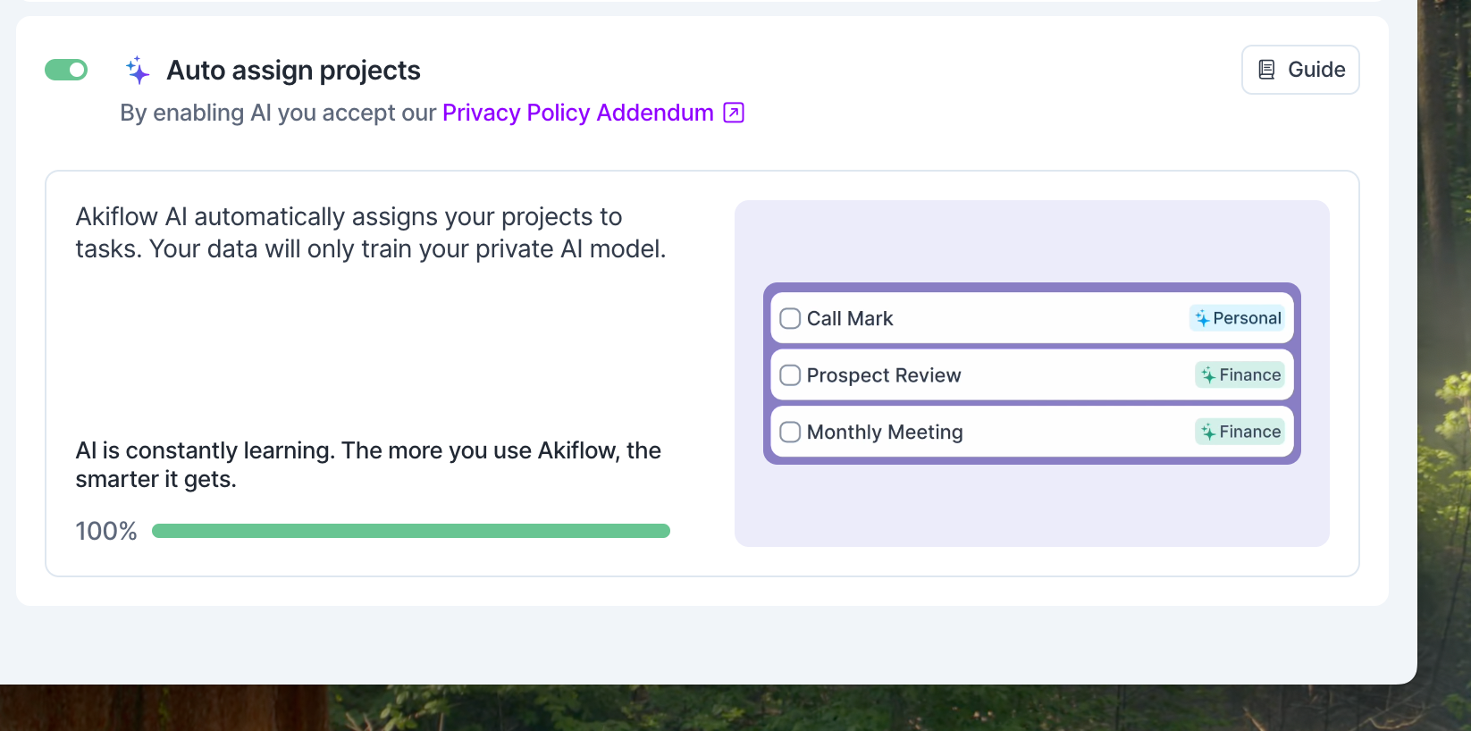 The Auto assign projects card in Settings, with tasks tagged with their AI-assigned projects.