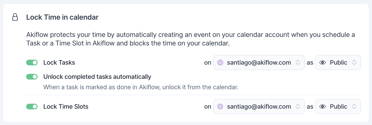 The Lock Time in calendar settings: Lock Tasks and Lock Time Slots, each with a calendar and visibility.