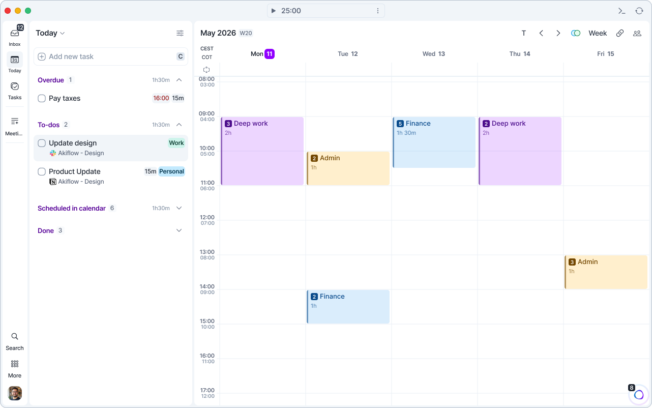 Week view with project time slots for Deep work, Admin and Finance, each showing its task count