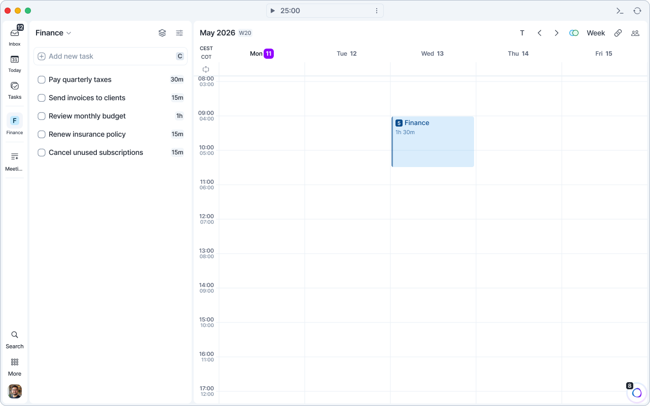 Finance project page with Finance pinned in the menu and a Finance time slot on the calendar