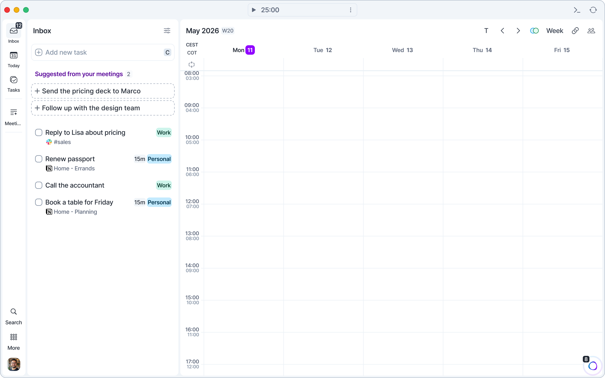 Inbox in the new layout, with Suggested from your meetings at the top and tasks below