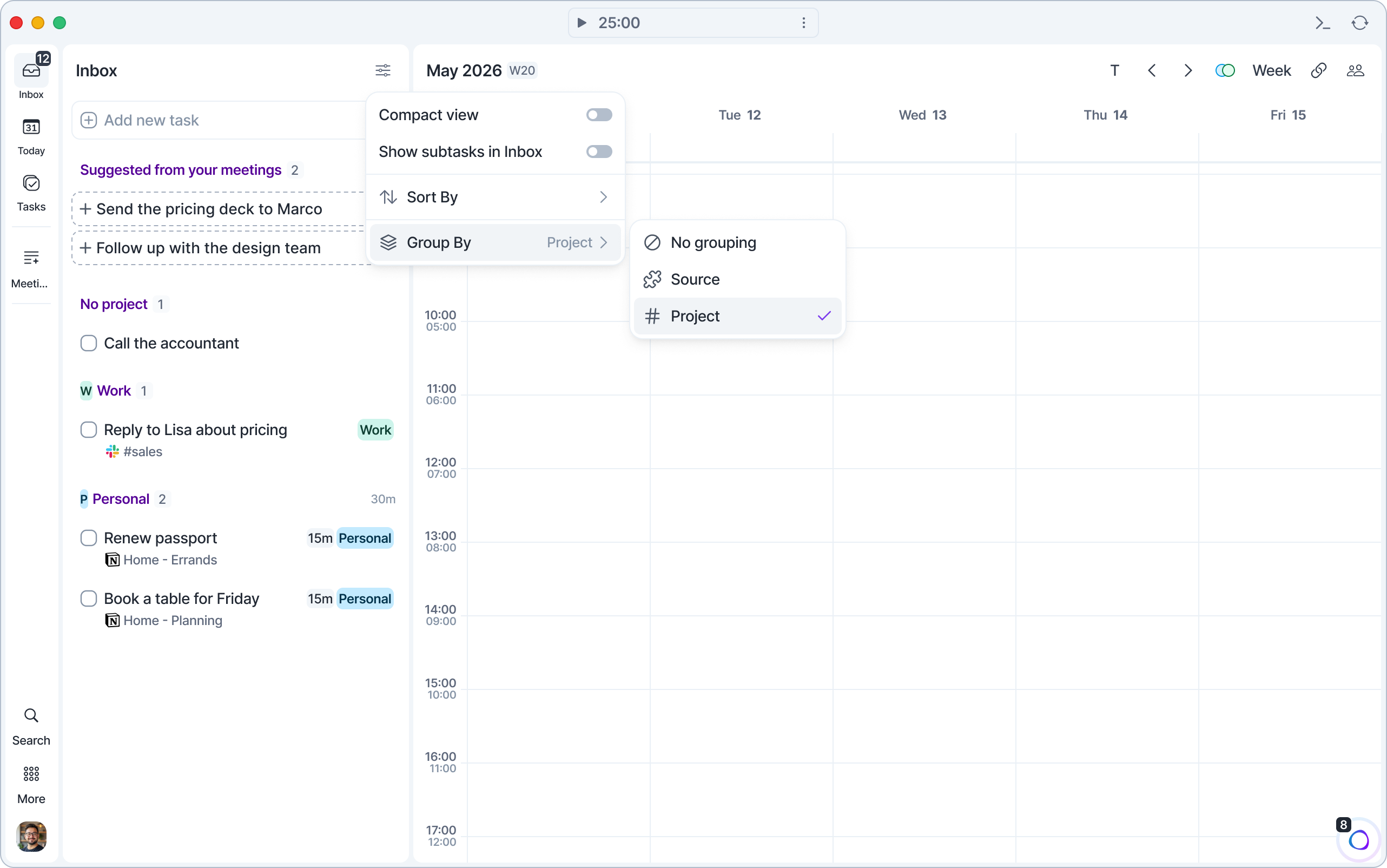 Inbox grouped by Project, with the view options menu open on Group By