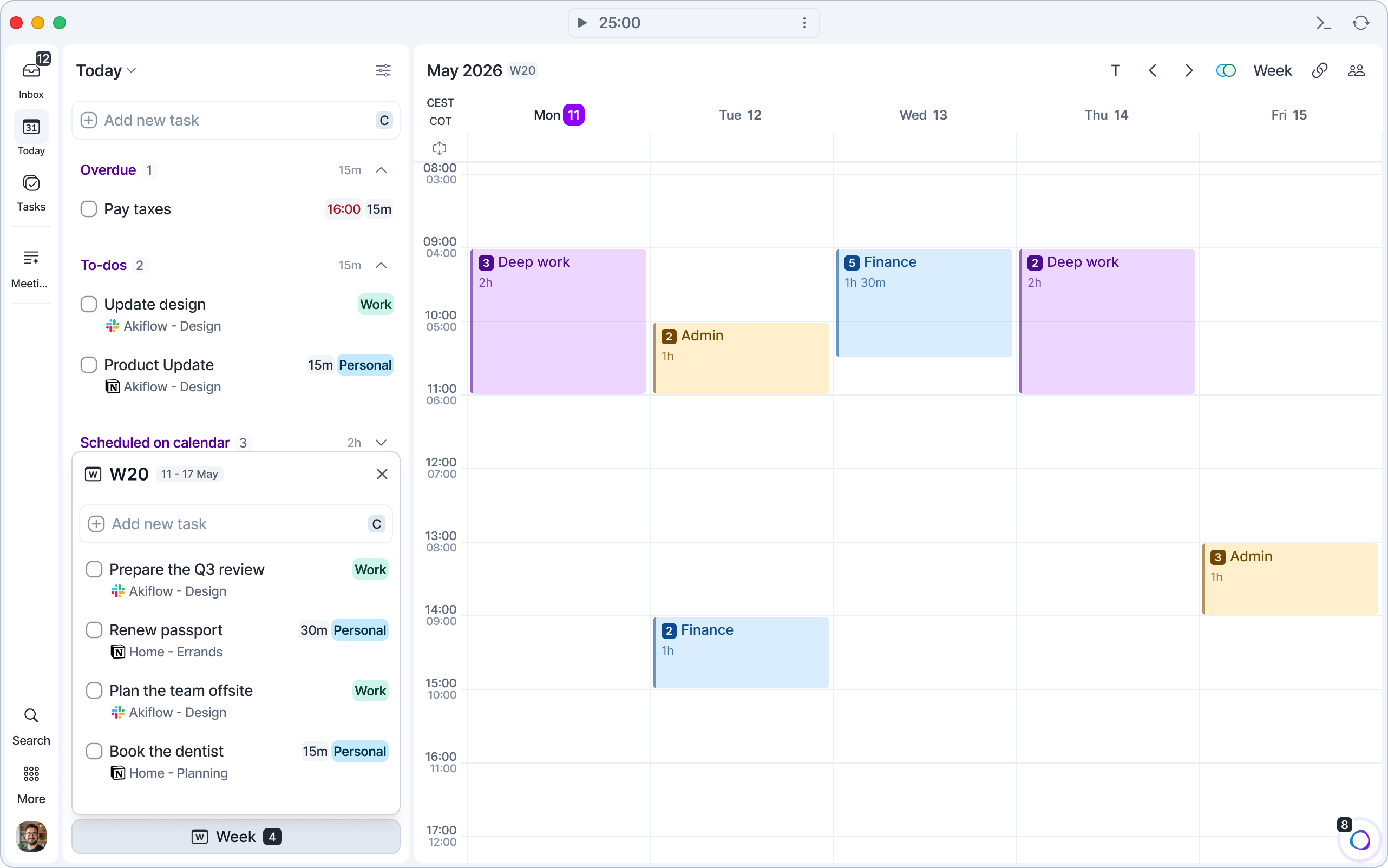 The Today page with the To-dos list and the week overview open at the bottom, showing the tasks planned for this week.