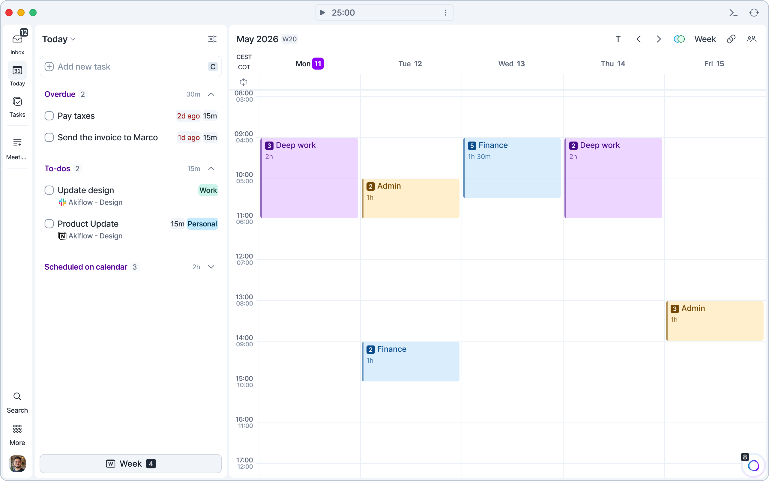 The Today page with an Overdue section at the top, showing tasks with red 1d ago and 2d ago badges.