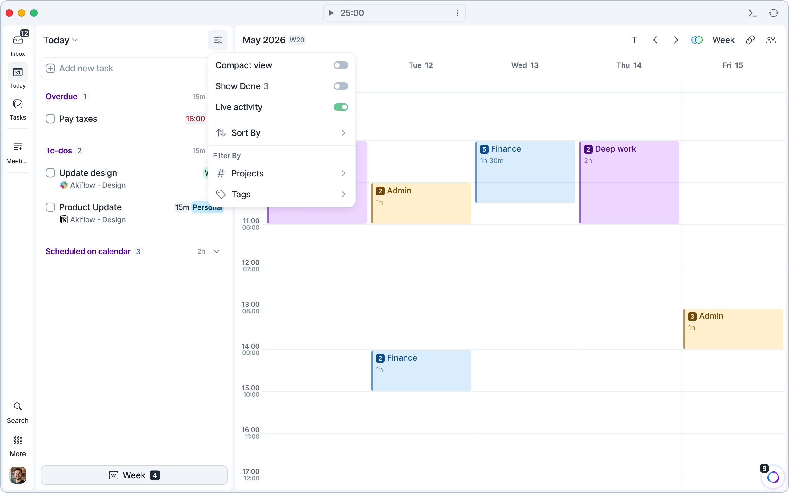 The Today page with the view options menu open, showing Compact view, Show Done, Live activity, Sort By and Filter By.