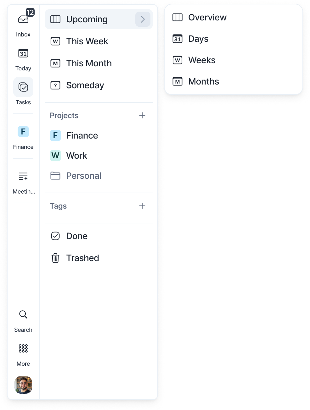 The Tasks panel in the Akiflow sidebar with the Upcoming submenu open, showing Overview, Days, Weeks and Months
