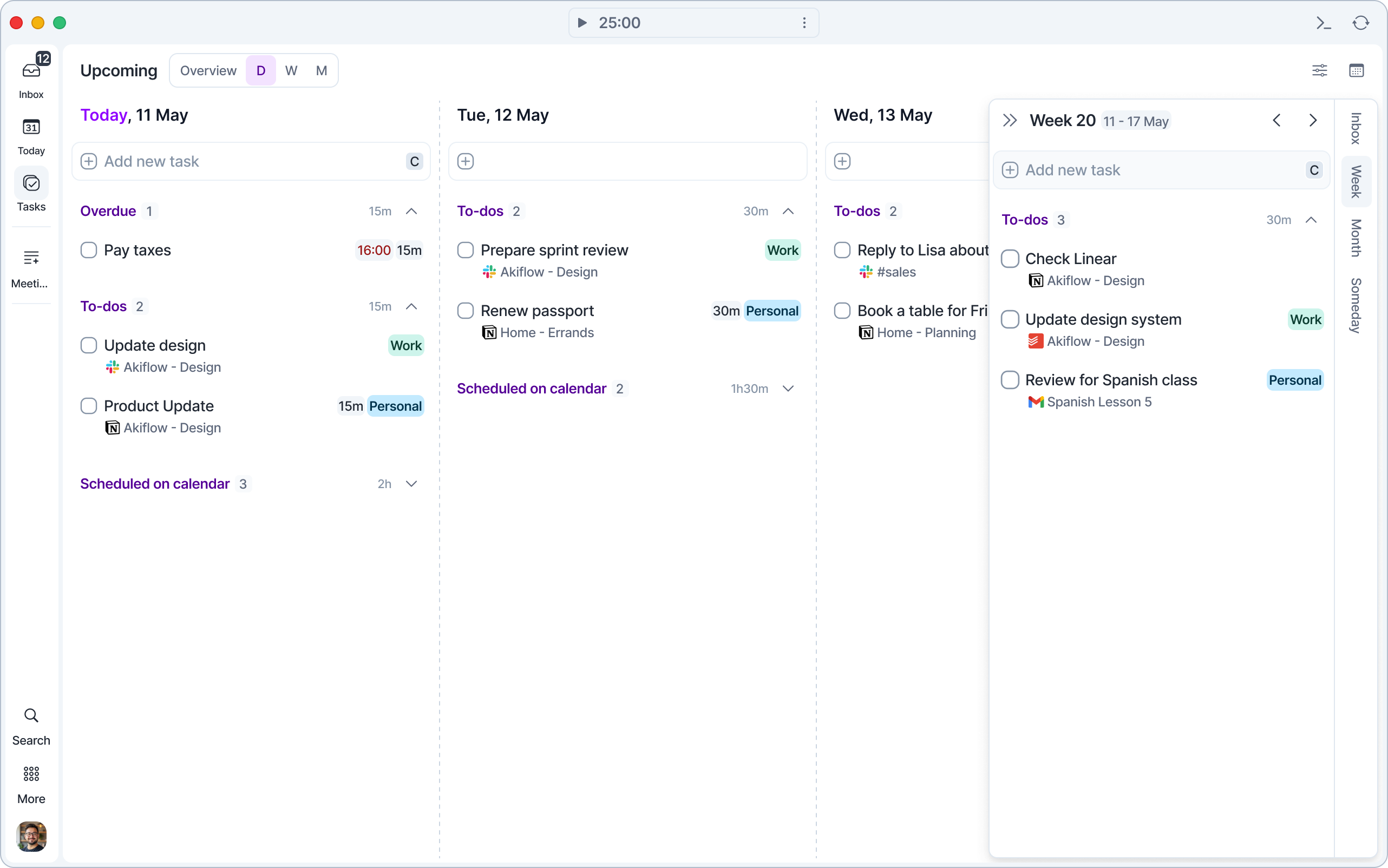 The Upcoming page in Days view with the Week panel open on the right and the Inbox, Week, Month and Someday tabs beside it.