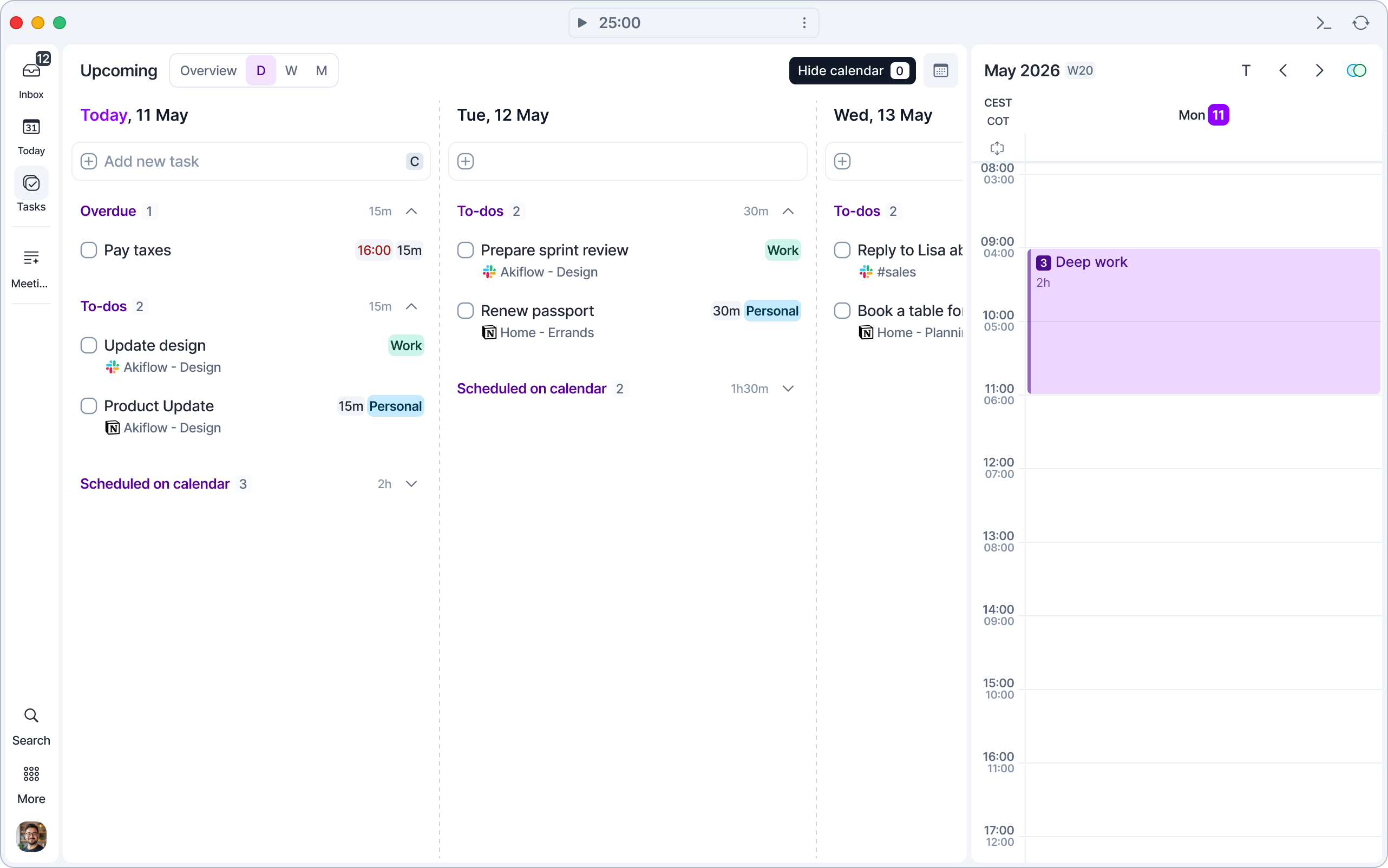 The Upcoming page in Days view with the calendar open on the right and the Hide calendar tooltip showing the 0 shortcut.