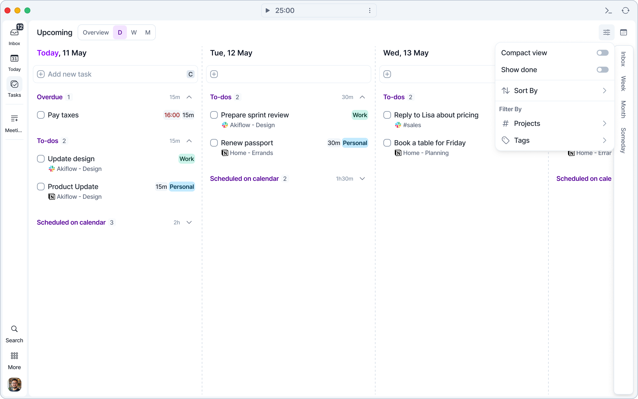 The Upcoming page in Days view with the view options menu open, showing Compact view, Show done, Sort By and Filter By.