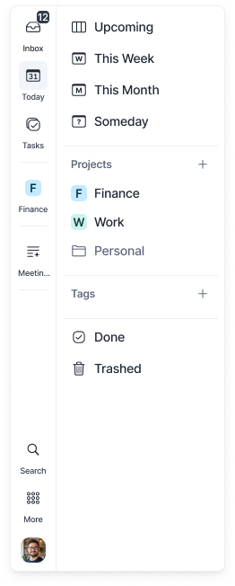 Tasks panel open from the menu, listing sections, projects and tags