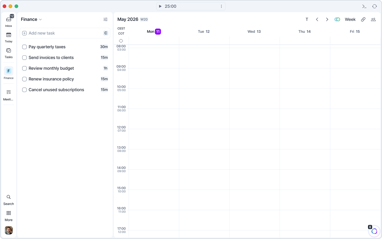 Finance project page with its tasks, and Finance pinned in the menu