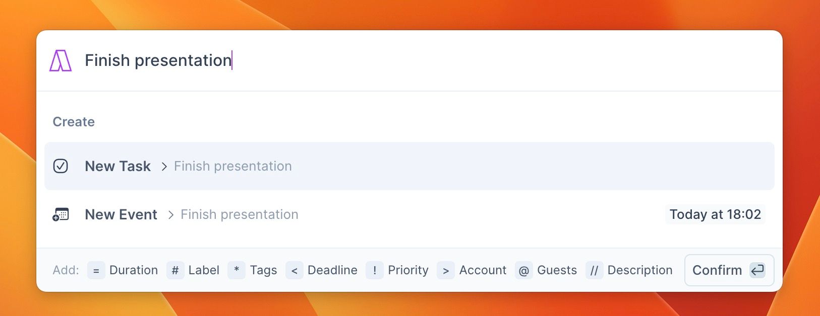 The Command Bar with Finish presentation typed and New Task selected.