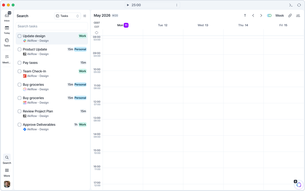 Search page with Tasks selected, listing open tasks next to the calendar