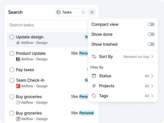 Search view options menu with Compact view, Show done, Show trashed, Sort By and Filter By