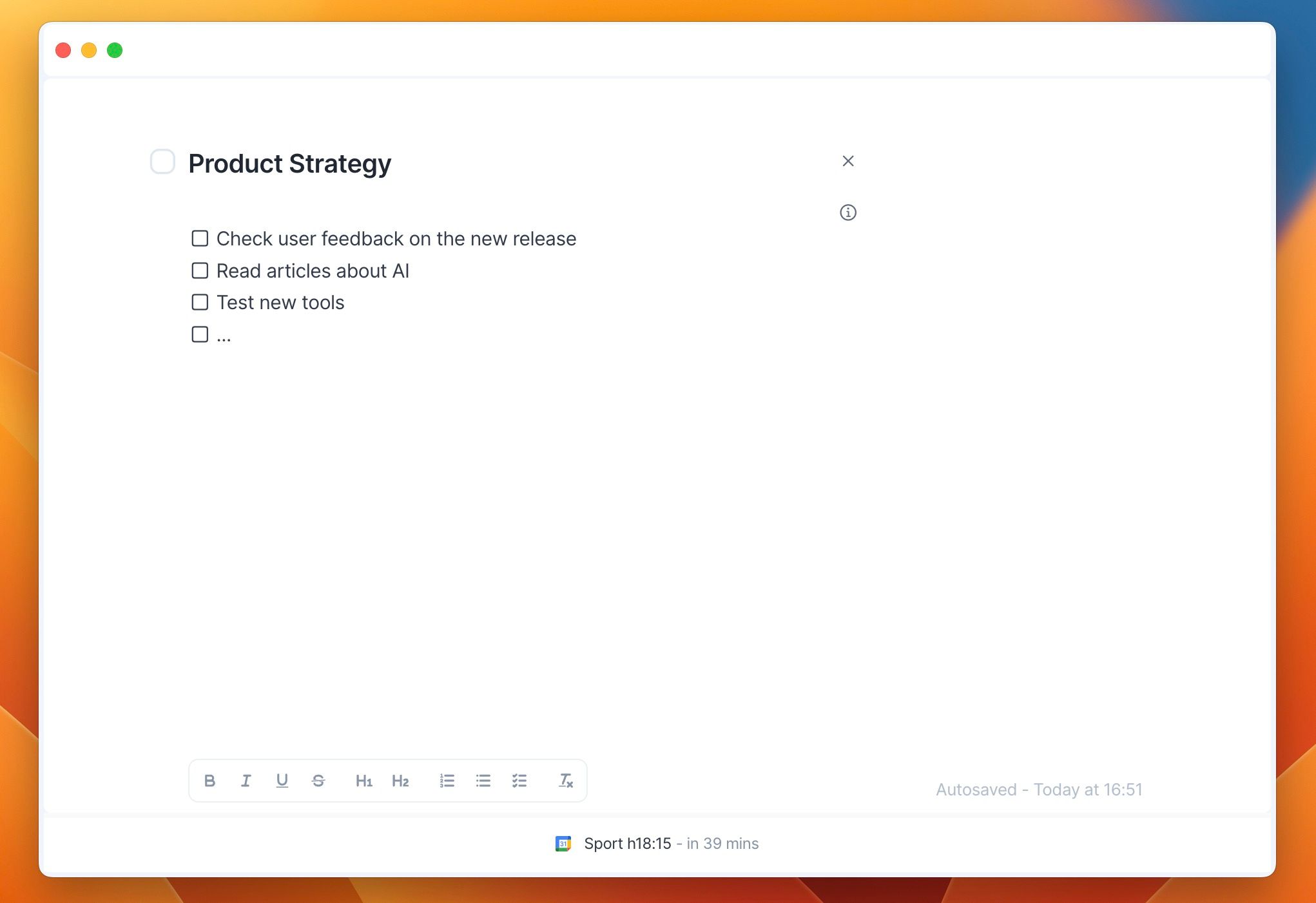 Focus Mode on a task, with its description and subtasks checklist