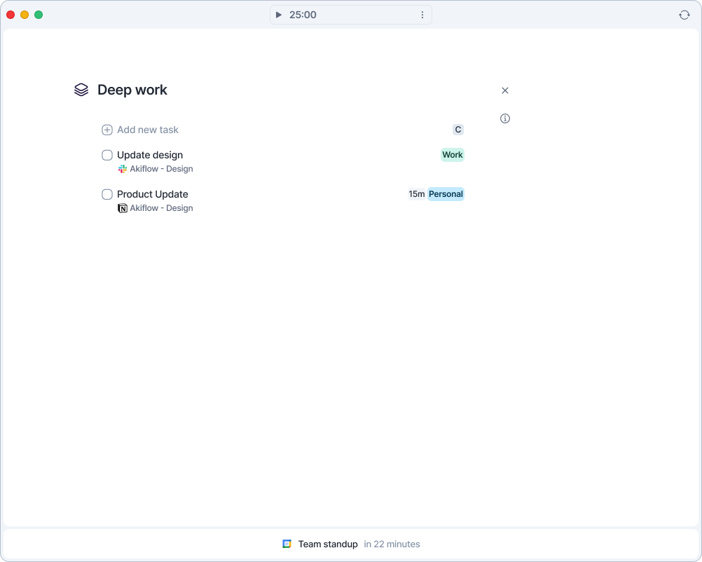 Focus Mode on the Deep work time slot, with the Add new task field and the slot’s tasks