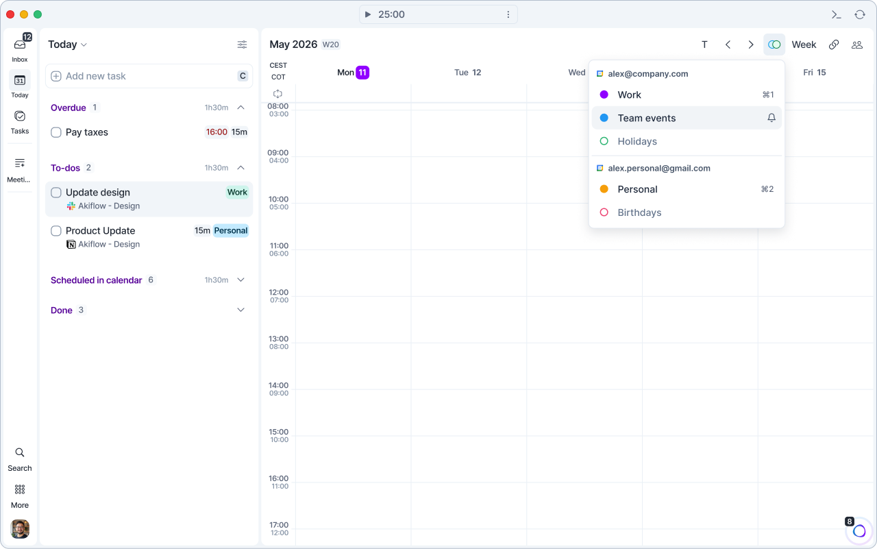 Calendar Visibility menu open from the calendar header, listing calendars by account with their color, shortcut and notification bell