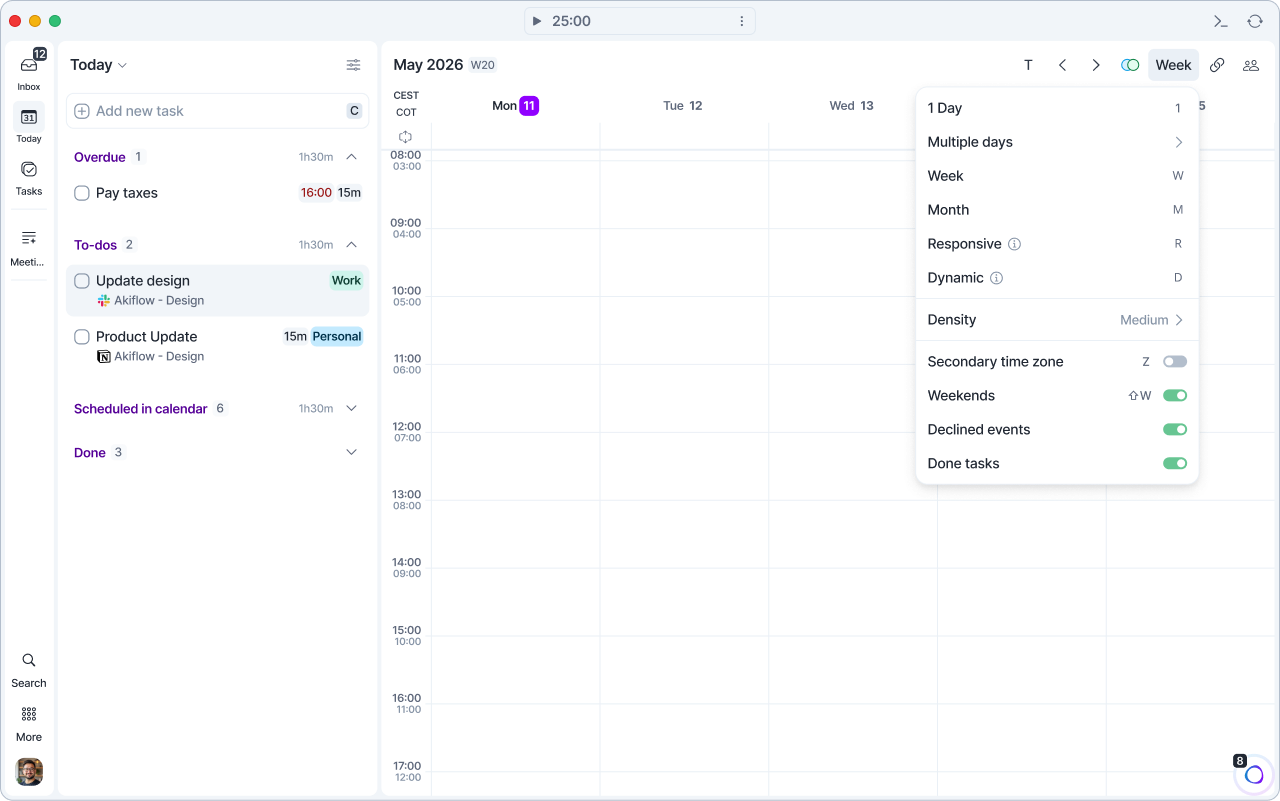 Calendar view menu open from the Week button, showing view options, Responsive, Dynamic, Density and toggles