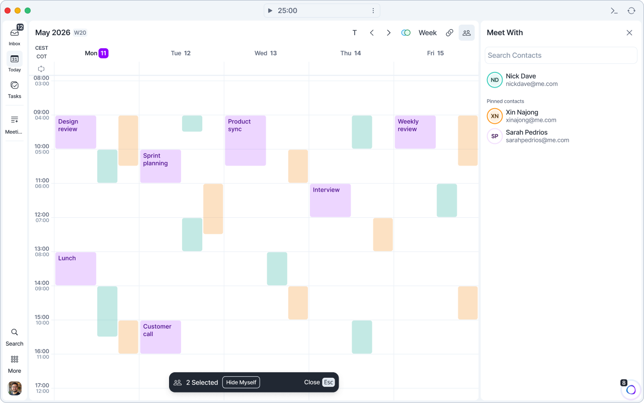 Meet With column open, with two colleagues’ calendars shown side by side next to yours and the Hide Myself bar at the bottom