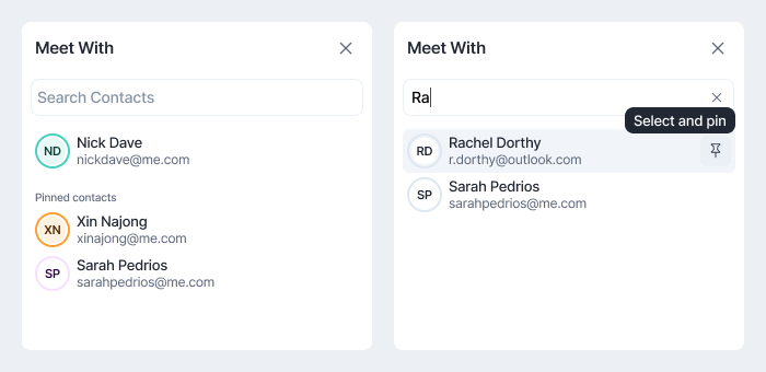 Meet With column showing the Pinned contacts list, and a search result with the Select and pin button