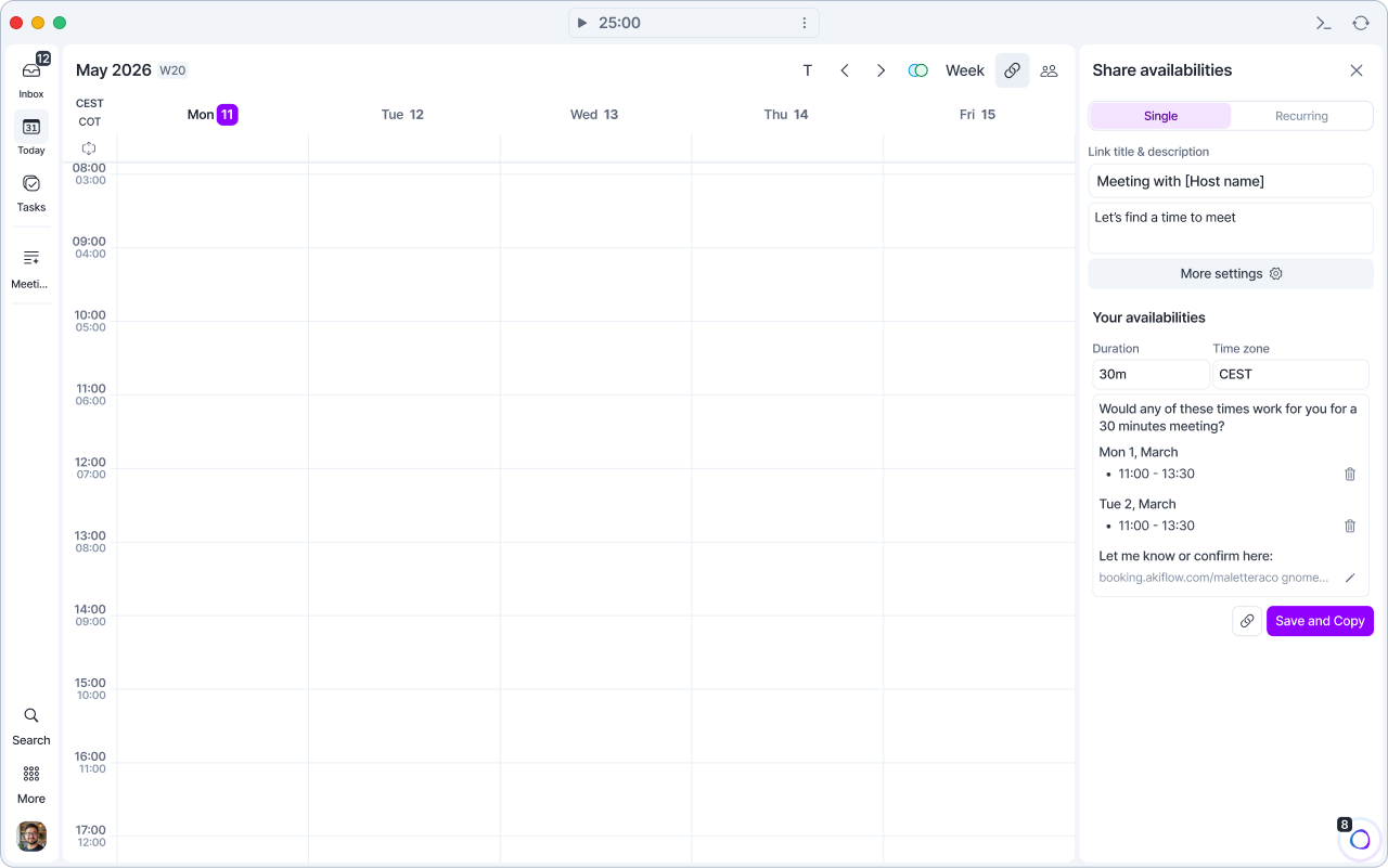 Akiflow calendar with the Share availabilities panel open on the right, opened from the link icon in the calendar header