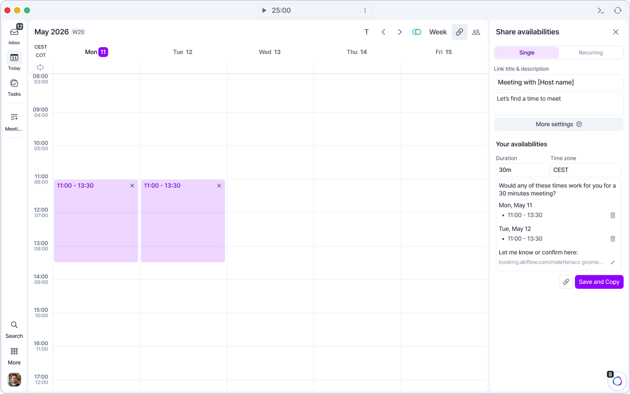 Two single availability slots selected on Monday and Tuesday, listed in the Share availabilities panel with the Save and Copy button