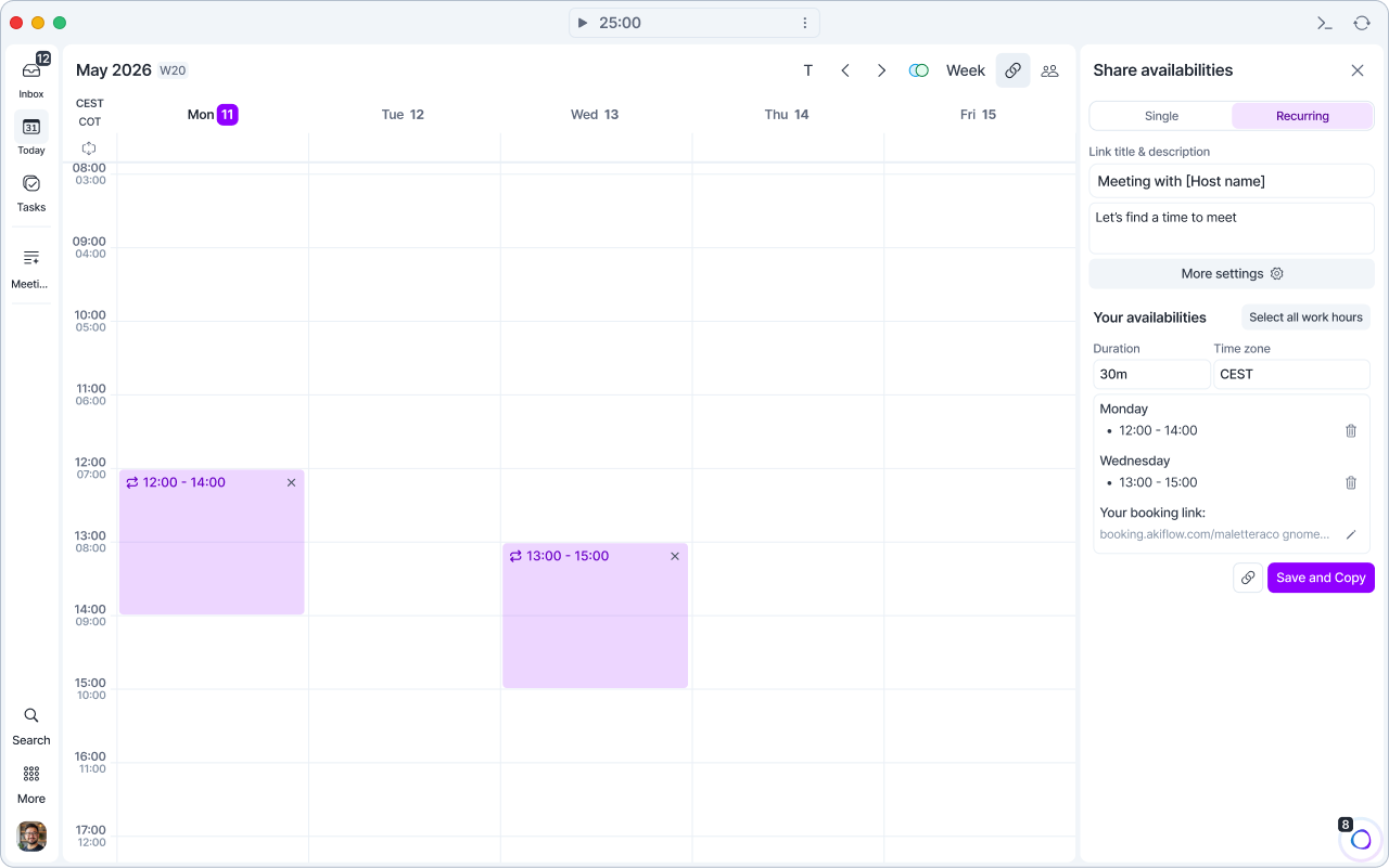 Recurring tab selected, with weekly availability slots on Monday and Wednesday marked with a repeat icon