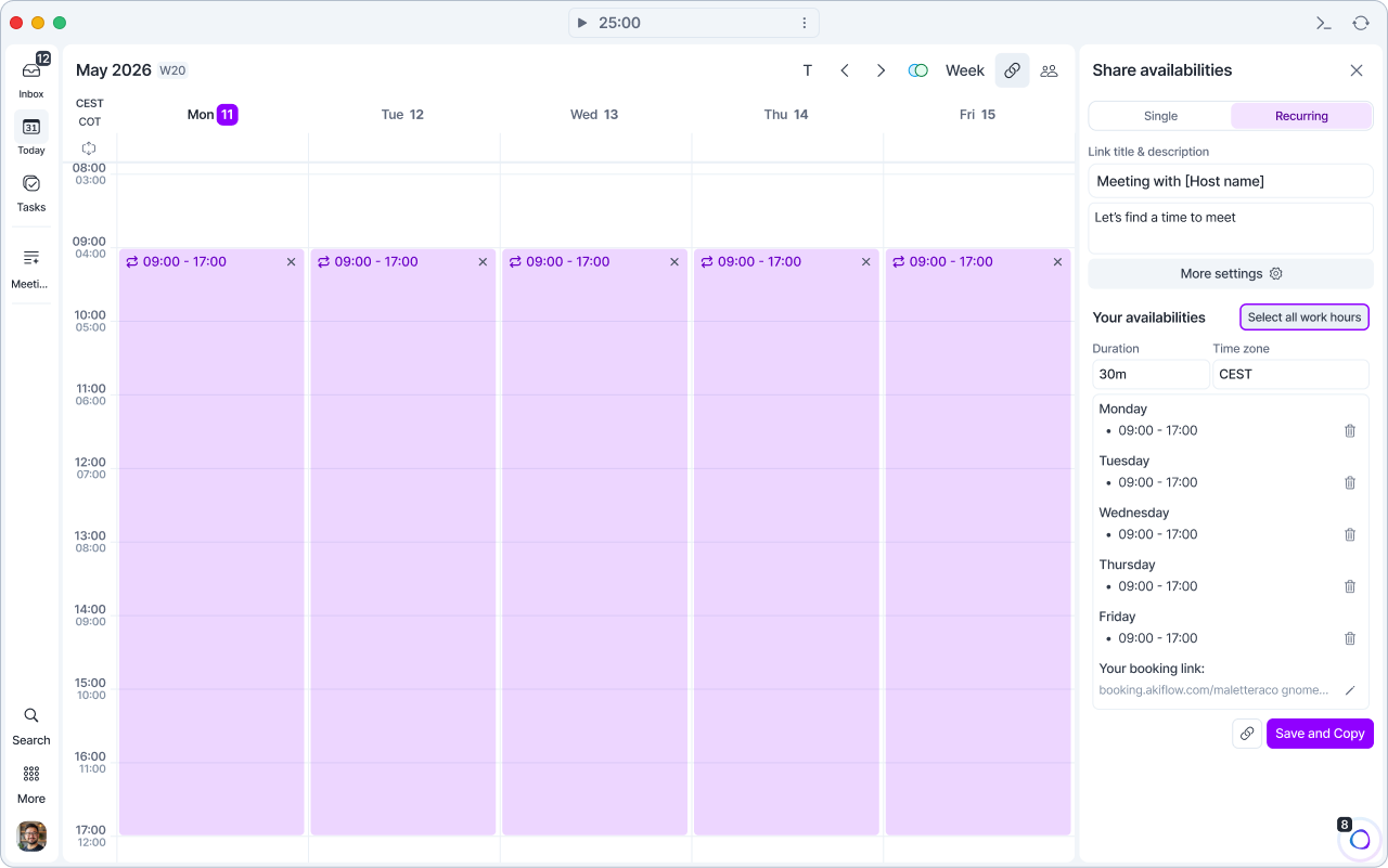 Select all work hours button highlighted, with 09:00 to 17:00 selected from Monday to Friday