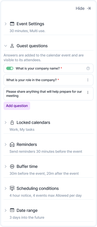 Guest questions in More settings, showing the Company name toggle, two custom questions and the Add question button