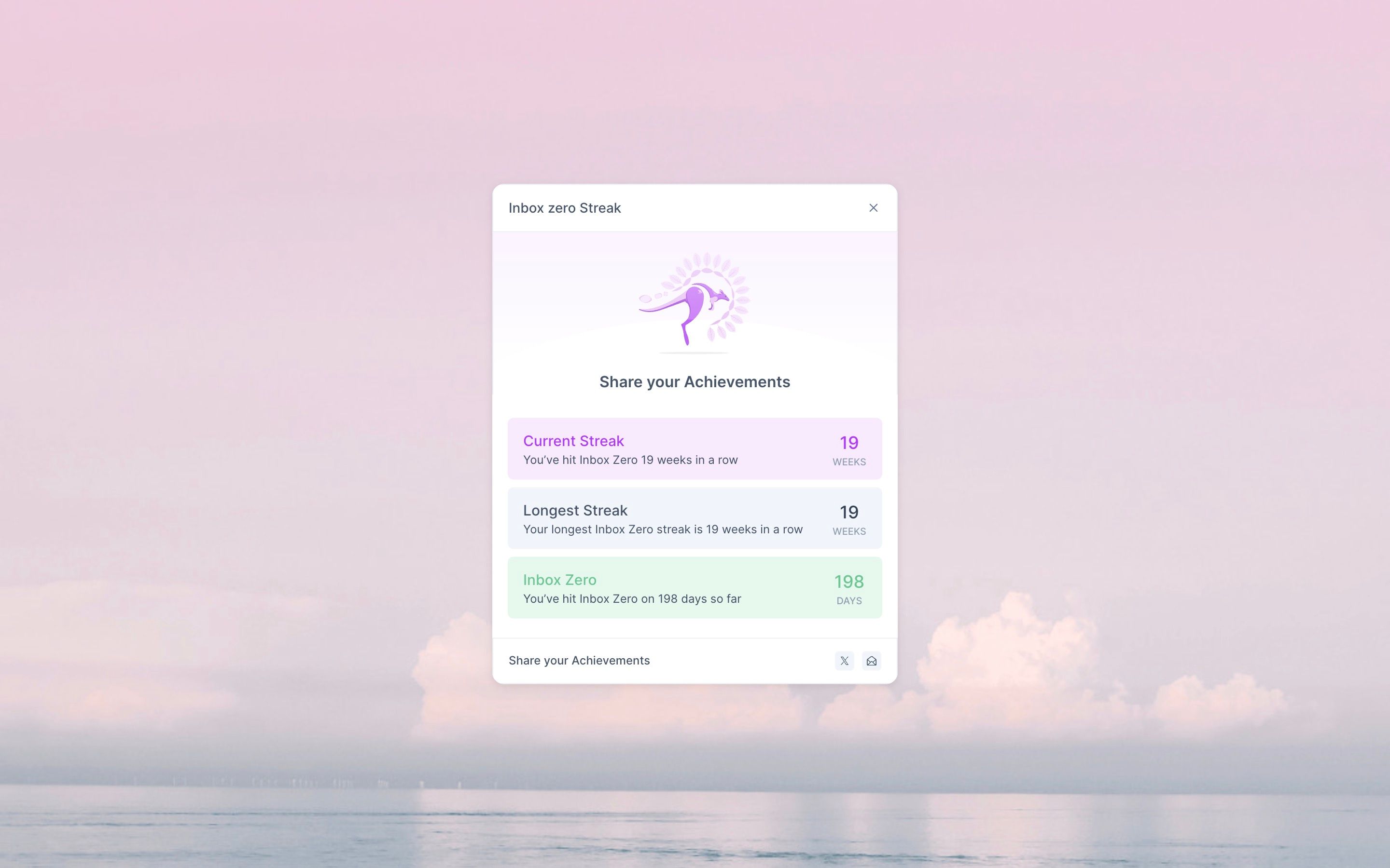 Inbox Zero Streak popup with current streak, longest streak and Inbox Zero days