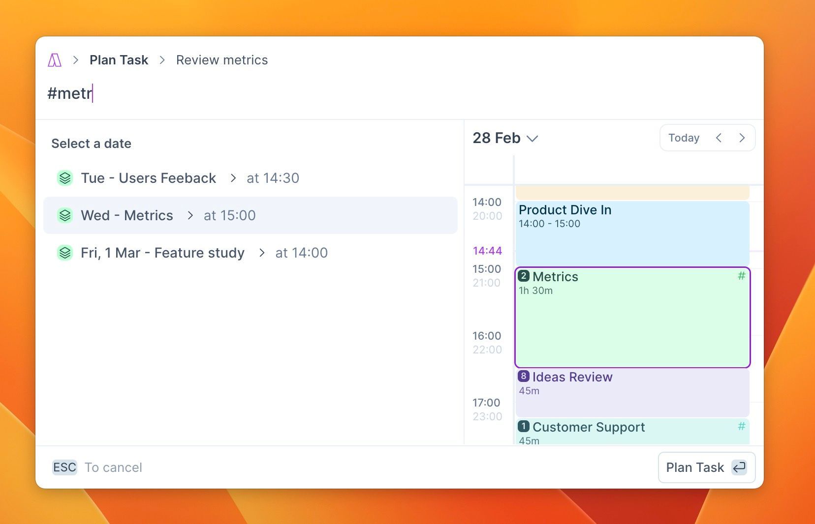 The Plan Task command with #metr typed, listing the matching Metrics time slots and showing the selected slot on the calendar.