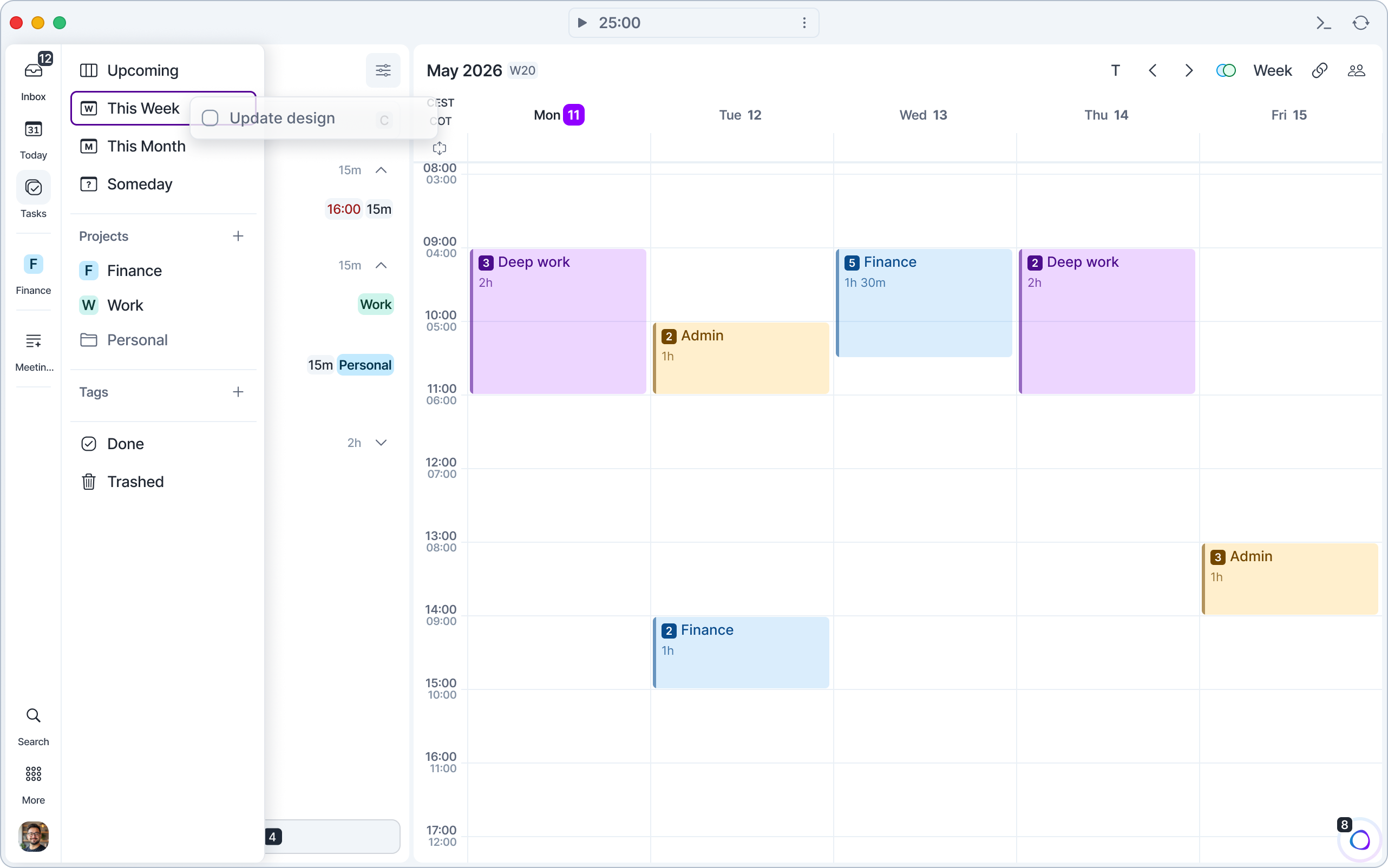 Dragging a task from the Today page onto This Week in the Tasks panel.
