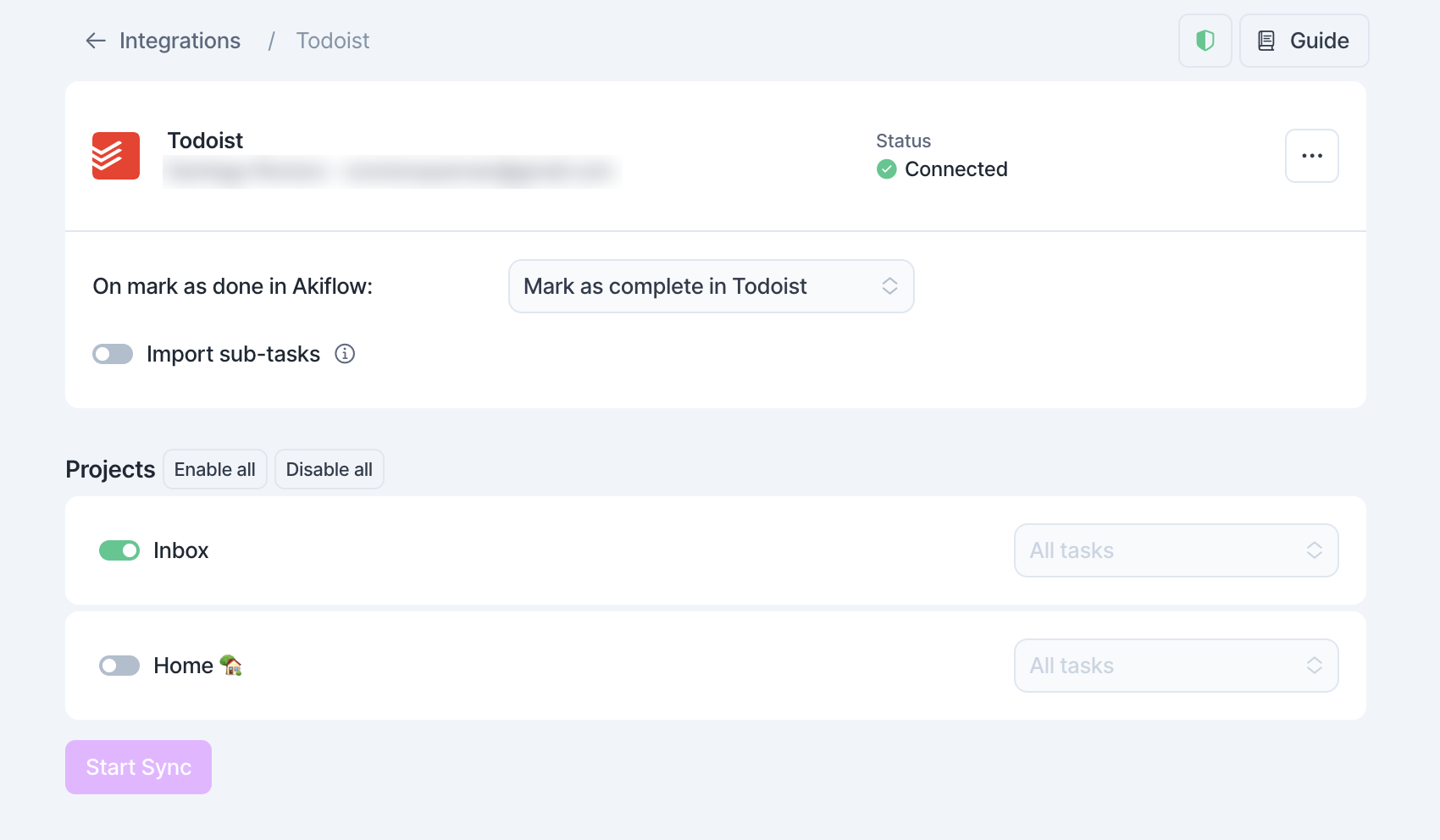 Todoist settings in Akiflow: the “On mark as done in Akiflow” option, the Import sub-tasks toggle, and a list of Todoist projects, each with an on/off toggle and a choice of “All tasks” or “Tasks assigned to me”.