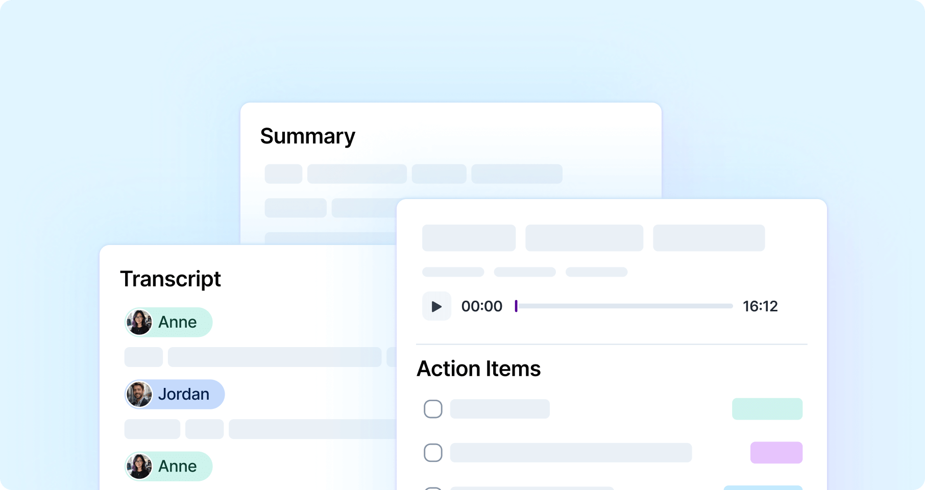 Meeting Assistant views: transcript, summary, audio player and action items.