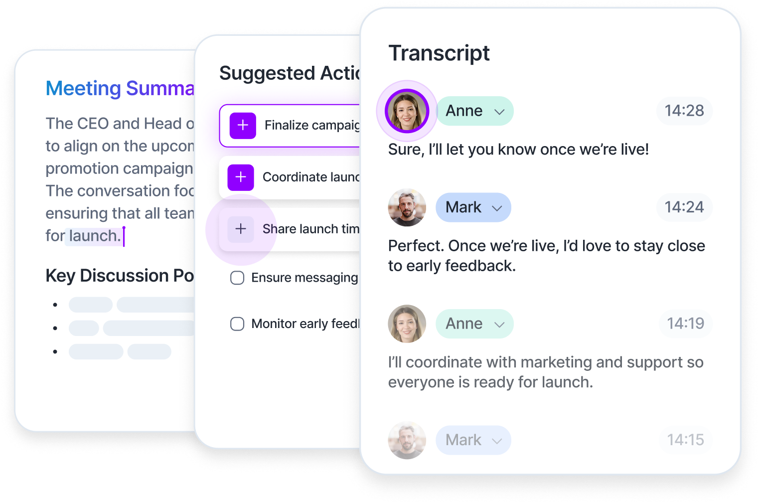 Meeting Assistant cards: a meeting summary, suggested action items and a transcript with speaker names.