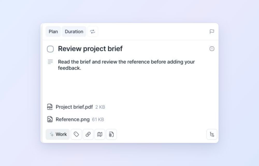 A task with a PDF and an image attached, and the Attach file button at the bottom.