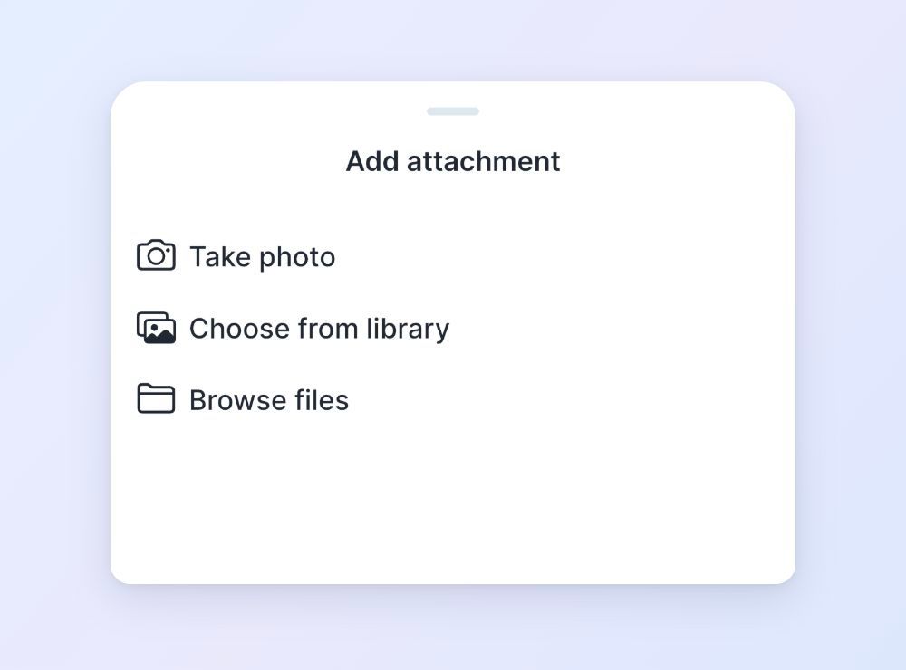 The iPhone attachment menu with Take photo, Choose from library, and Browse files.