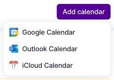 Add calendar menu with Google Calendar, Outlook Calendar, and iCloud Calendar options.
