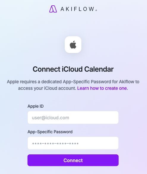 Connect iCloud Calendar form with empty Apple ID and App-Specific Password fields and a Connect button.