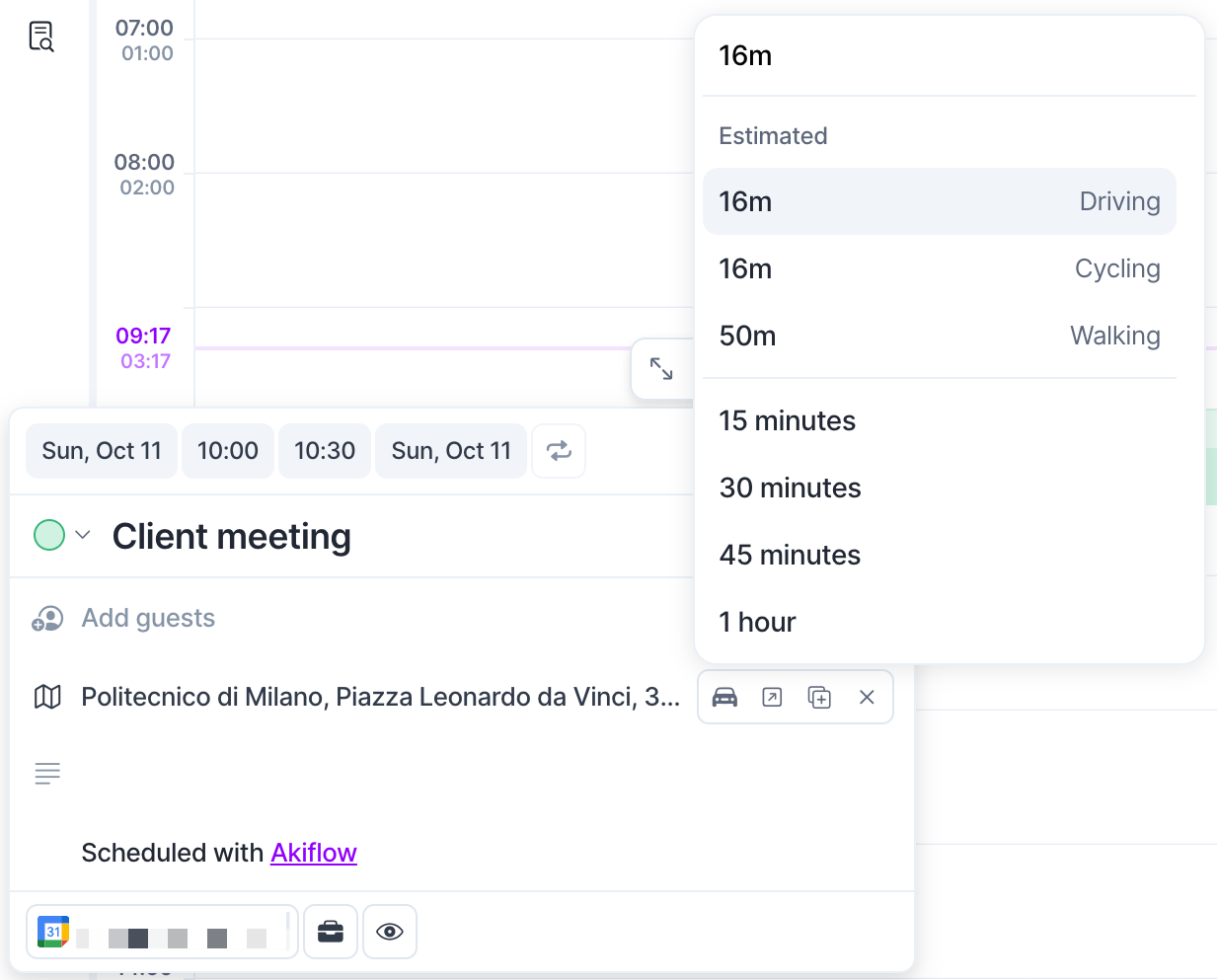 Travel time duration list with Estimated times for Driving, Cycling and Walking, and preset durations